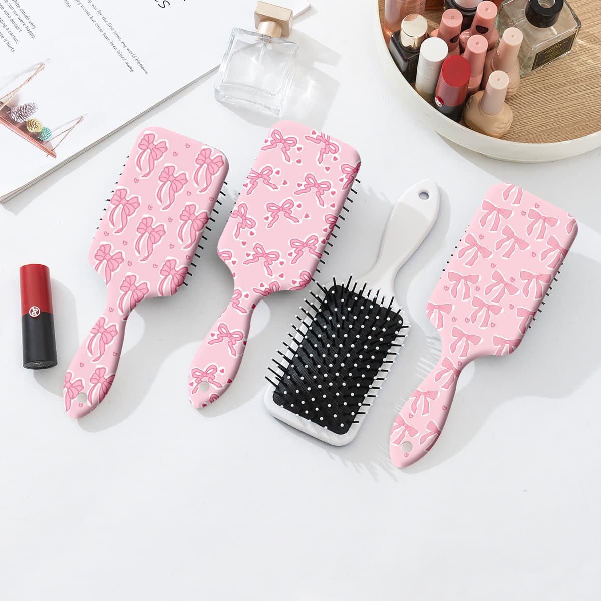 Cross-border Best Seller Pink Bow Print Cushion Comb Anti-tangle Scalp Massage Comb for Women