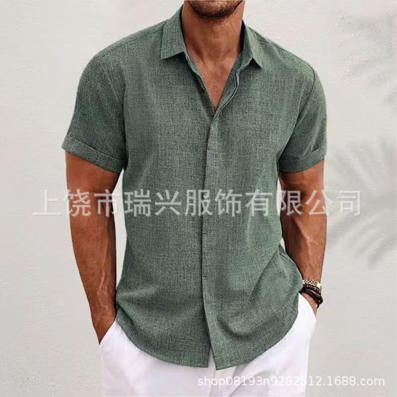 Men's Linen Short Sleeve T-Shirt Loose Cardigan Solid Cotton Linen Shirt Men's Beach Plus Size Short Sleeve Shirt