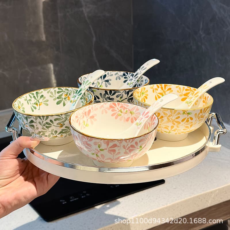 Ceramic Rice Bowl Japanese Style Home Dining Bowl Creative High Appearance Ins Underglaze Color Rice Bowl Ceramic Tableware Wholesale New