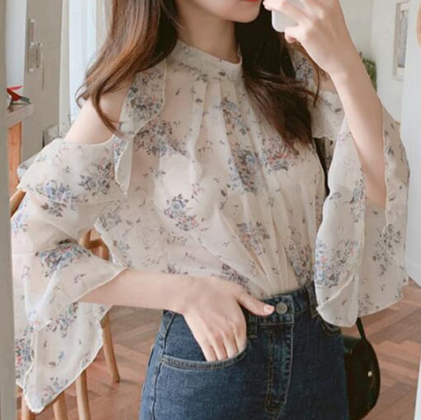 Designer Off-Shoulder Floral Chiffon Blouse for Women, Early Spring Elegant Shirt with Flared Sleeves, Lightweight Summer Top