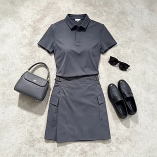 Smart Casual Outfit Set: Understated Trendy Gray Polo Short-Sleeve Top and Skirt Set for Summer