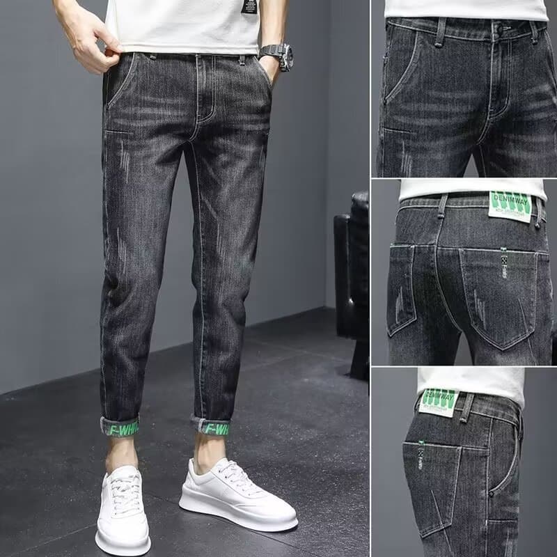 Casual Slim Fit Men's Jeans Summer Trendy Style Spring Autumn Elastic Thin Nine-Piece Length Cotton Denim Pants for Youth