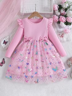 2026 New Mesh Girls' Spring Autumn Butterfly Print Puffy Princess Dress Long Sleeve Girls' Dress