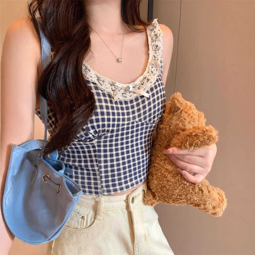 Cotton Lace Trimmed Short Sleeveless Women's Tank Top Summer Outfit Design Plaid Print with Chest Pad Waist Cinching Vest