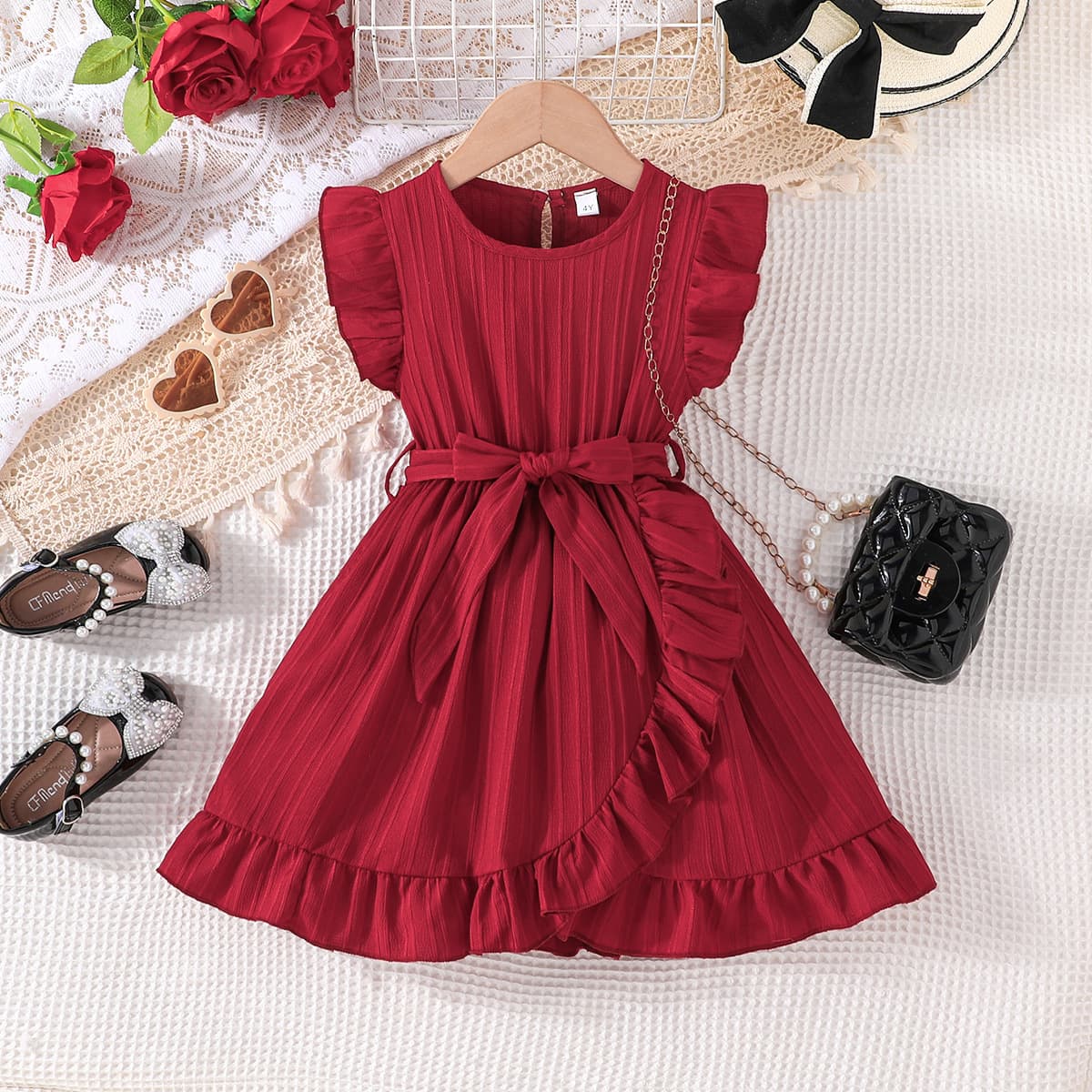 Summer Fashion Girls' New Solid Color Wave Stripe Flutter Sleeve Round Neck Ruffle Dress with Belt