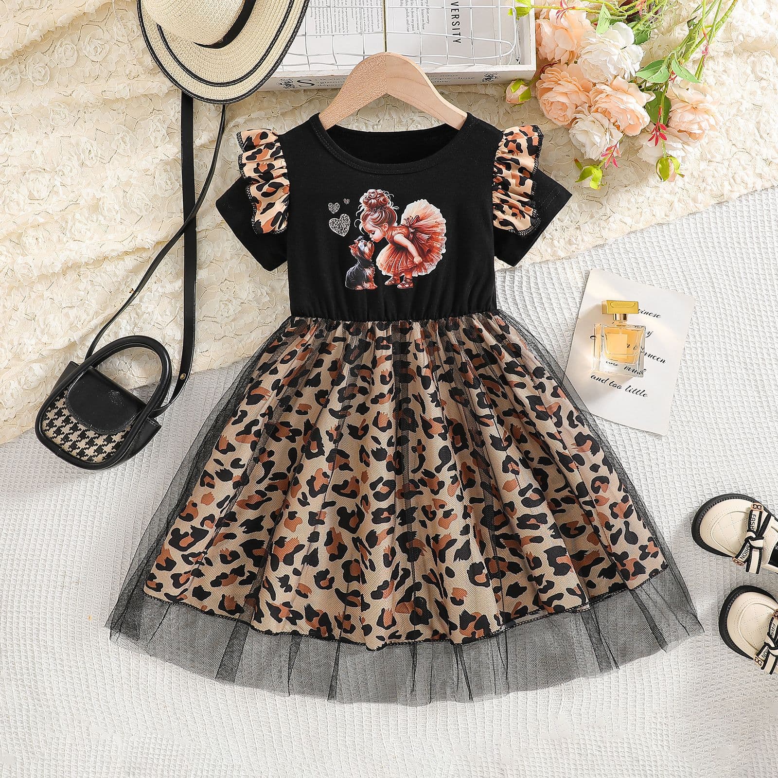 Children's hot selling summer baby girl dress 2026 new style girl print stitching leopard print mesh skirt