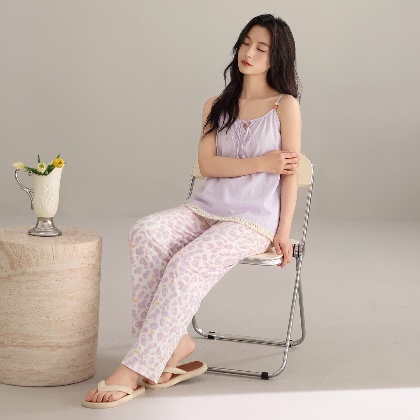 [With Built-in Bra] Summer New Woven Cotton Women's Camisole Long Pajama Set, Sweet Women's Loungewear, Picture Color