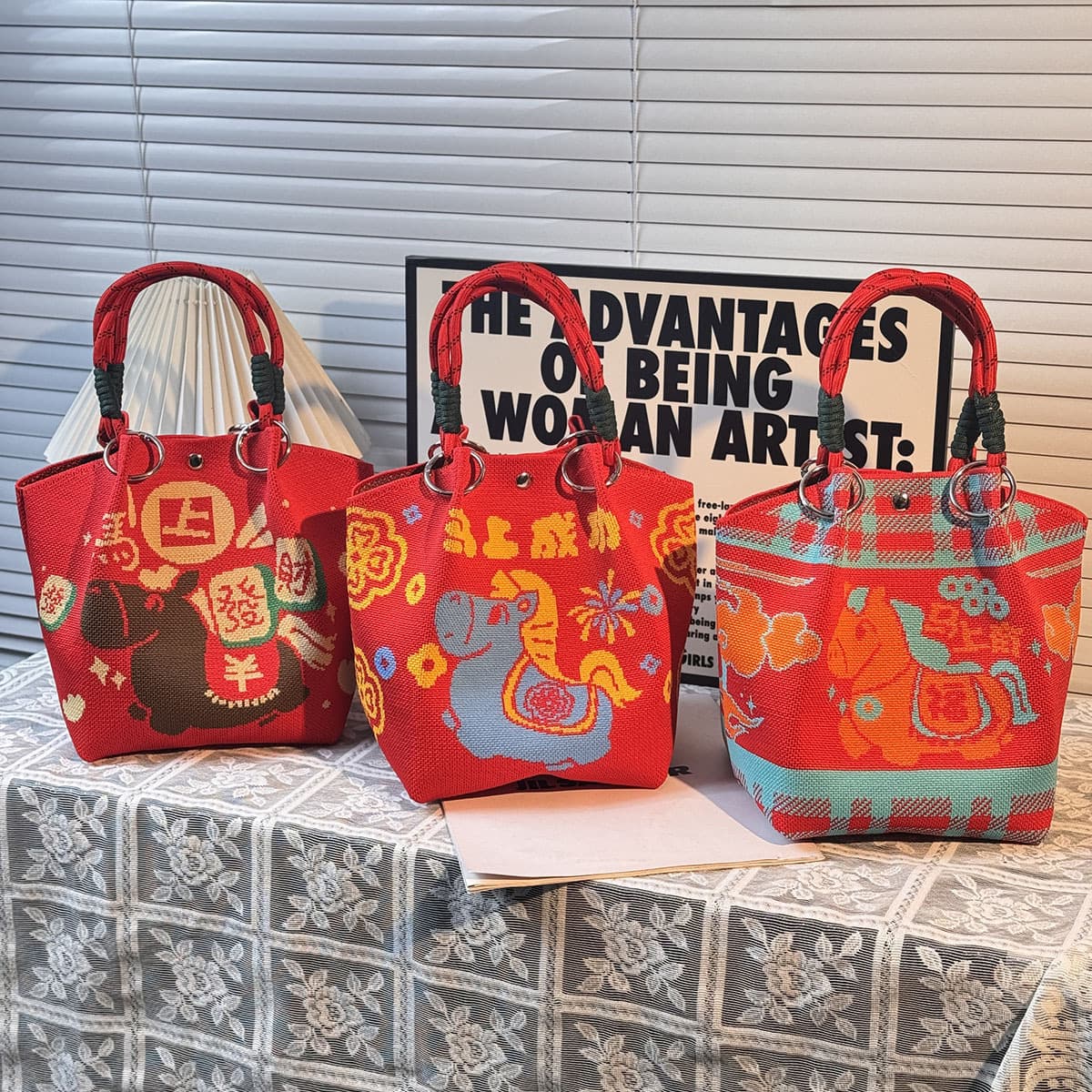 Year of the Horse New Ins Handbag, Spring/Autumn Bucket Style for Wedding Favors, Niche Large Capacity Knit Tote