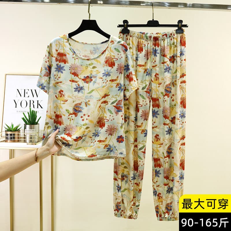 Summer Loose Cotton Silk Pajamas, Thin Short-Sleeved Tops, Leggings Pants Set, Women's Casual Rayon Home Clothes