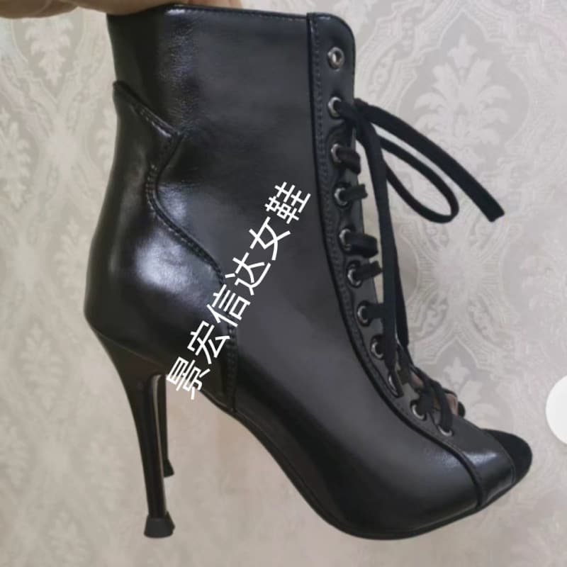 European and American Plus Size Women's Peep-Toe Ankle Boots, Summer Thin Heel Lace-Up Short Boots, Jazz Dance High Heels