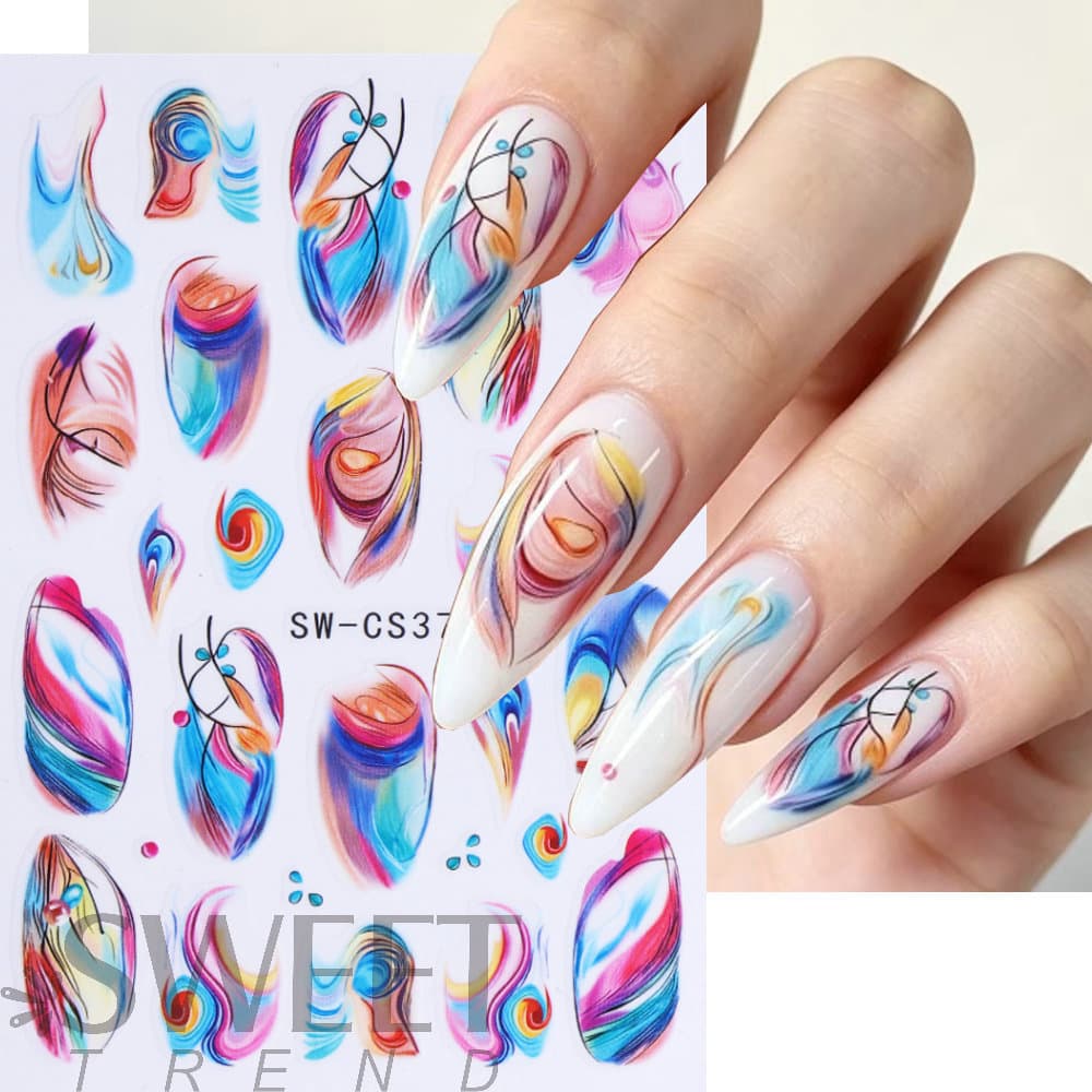 Cross-border New Nail Stickers Ins Pink Blue Gradient Marble Texture Ribbon Summer Adhesive Nail Decals