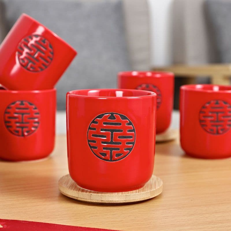 Red Ceramic Tea Cups with Double Happiness Pattern for Wedding Banquets, Underglaze Painted Celebration Cups