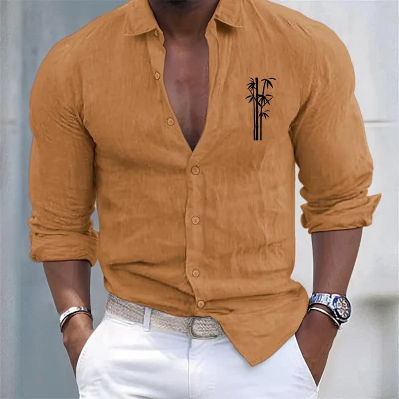Cross-border TK Shopee Temu Brown Yellow Bamboo Men's Long Sleeve Shirt Versatile Casual Turn-down Collar Shirt Factory Wholesale