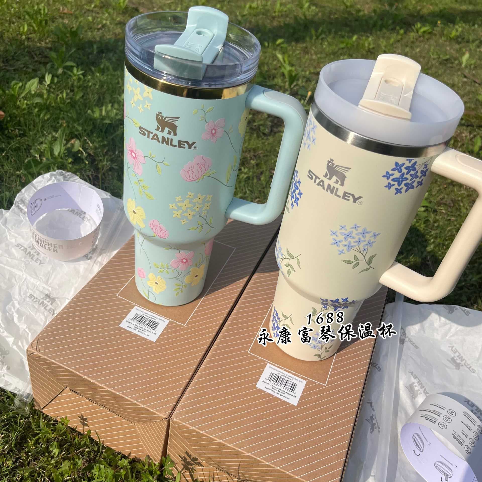 Cross-Border Hot Selling Insulated Cup Spring Flowers STANLEY Handle Cup Large Capacity Stainless Steel Car Cup