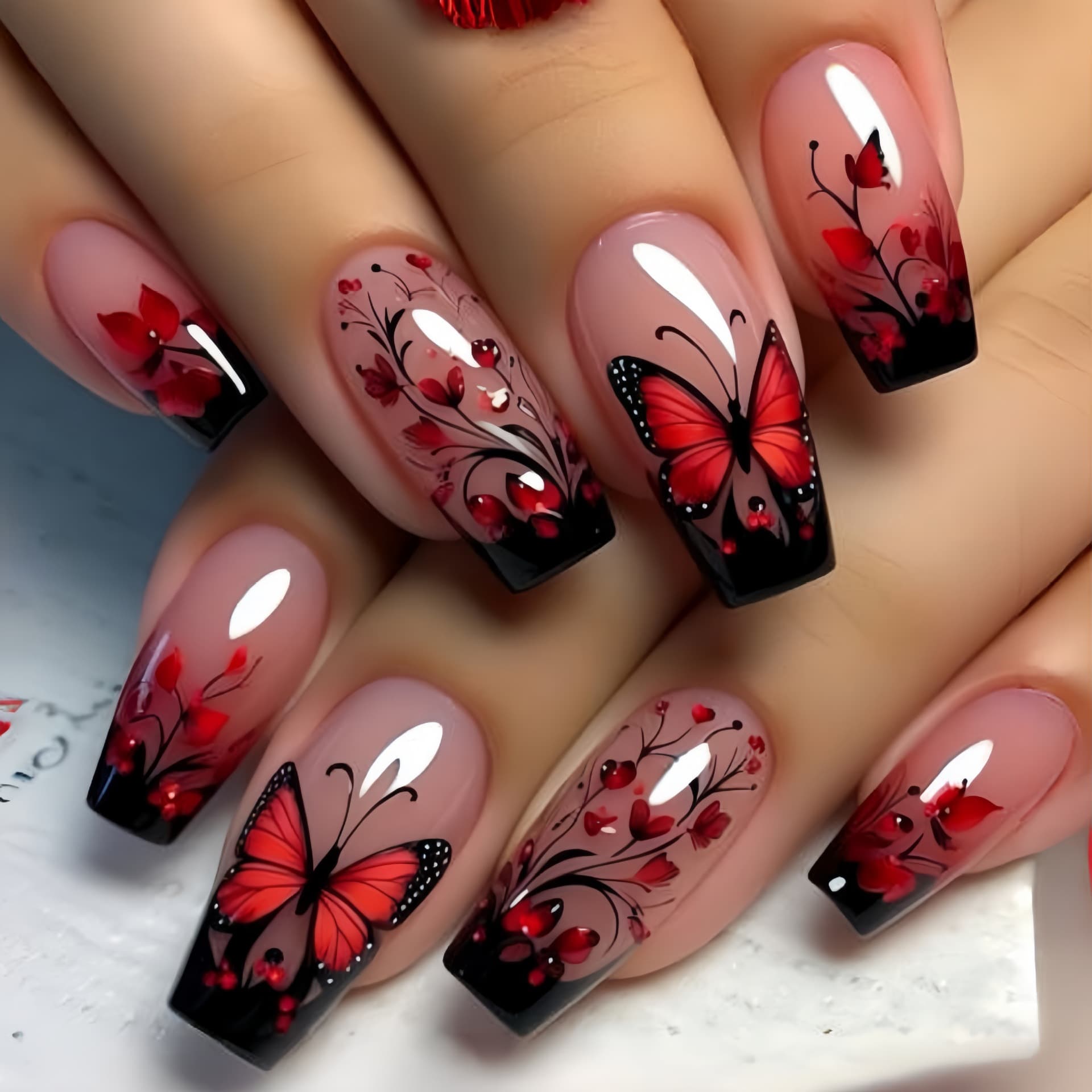 Medium-Long Ballet Shape Nail Art Stickers Red Butterfly Flower Pattern Nail Wraps Removable 24 Pieces
