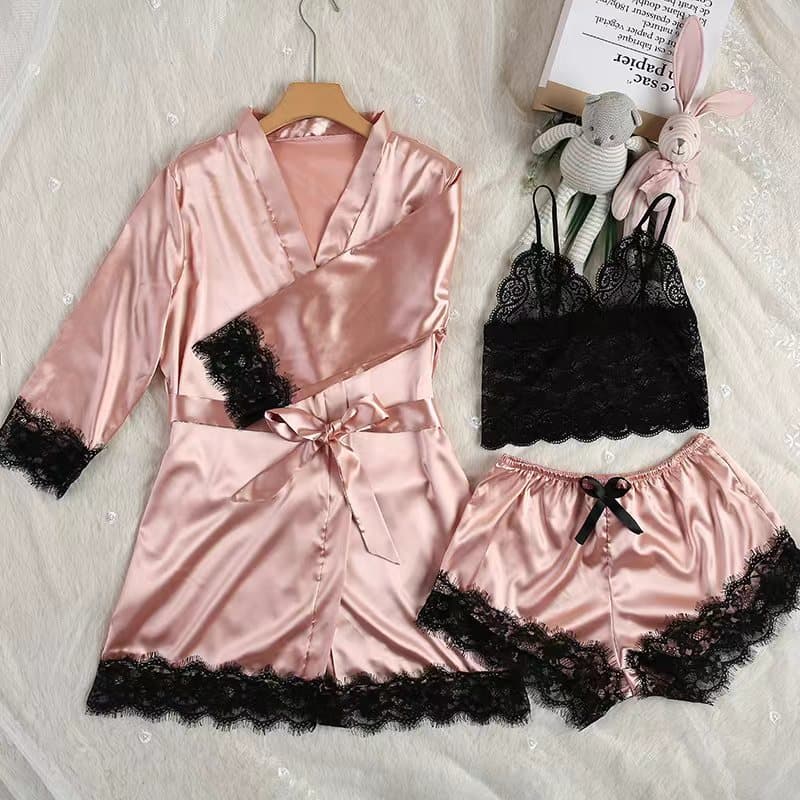 New European and American Women's Pajama Three-Piece Set: Silk-Like Camisole Pajamas for Women with Robe and Nightgown, Wholesale