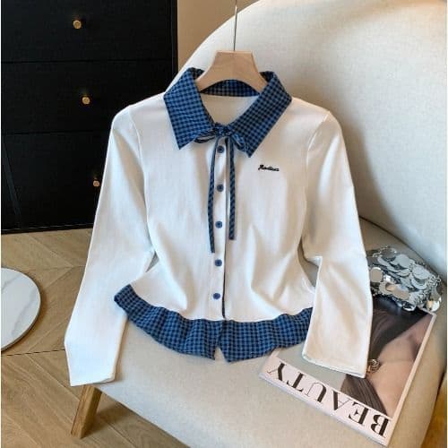 Gentle Style Splicing Plaid Long-Sleeved T-Shirt for Women in Spring & Fall New Style Polo Lapel Fake Two-Piece Chic Top Trendy