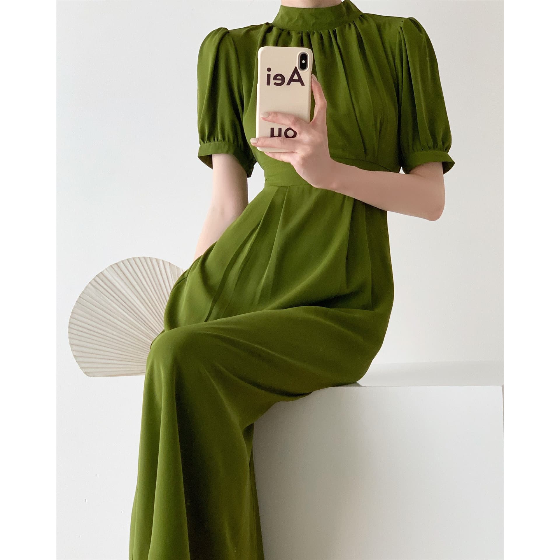 Trendy Ins2025 Summer New Style Luxurious Retro Green Puff Sleeve Waist Drape Smooth Slimming Look Dress