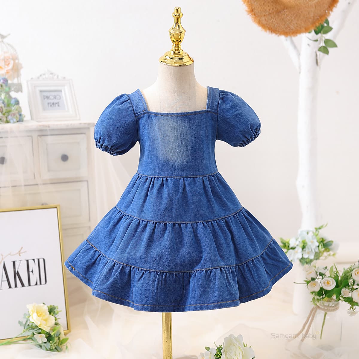 Foreign trade children's clothing summer new style girls' dress, fashionable and stylish off-shoulder puff sleeve thin children's denim skirt