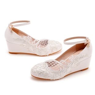 5cm Low Wedge Heel Slimming High Heels Women's Shoes Wedge Heel Casual Shallow Mouth Buckle Round Toe Flats Bride Shoes
