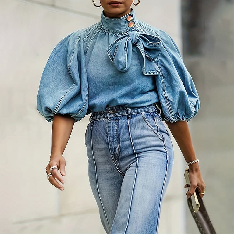 2024 new European and American cross-border Amazon foreign trade women's lace-up denim tops high collar button blue jacket for women