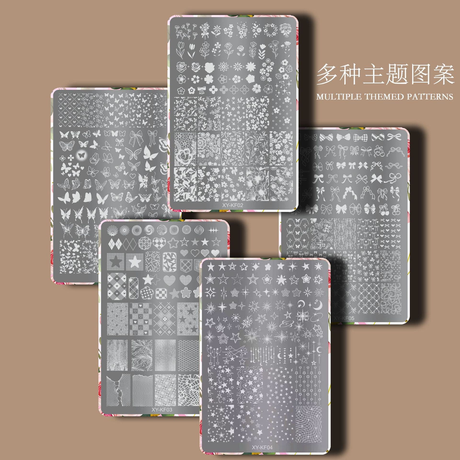 Popular nail art printed steel plate with back plate bow flower lace plaid nail transfer steel plate manicure tool