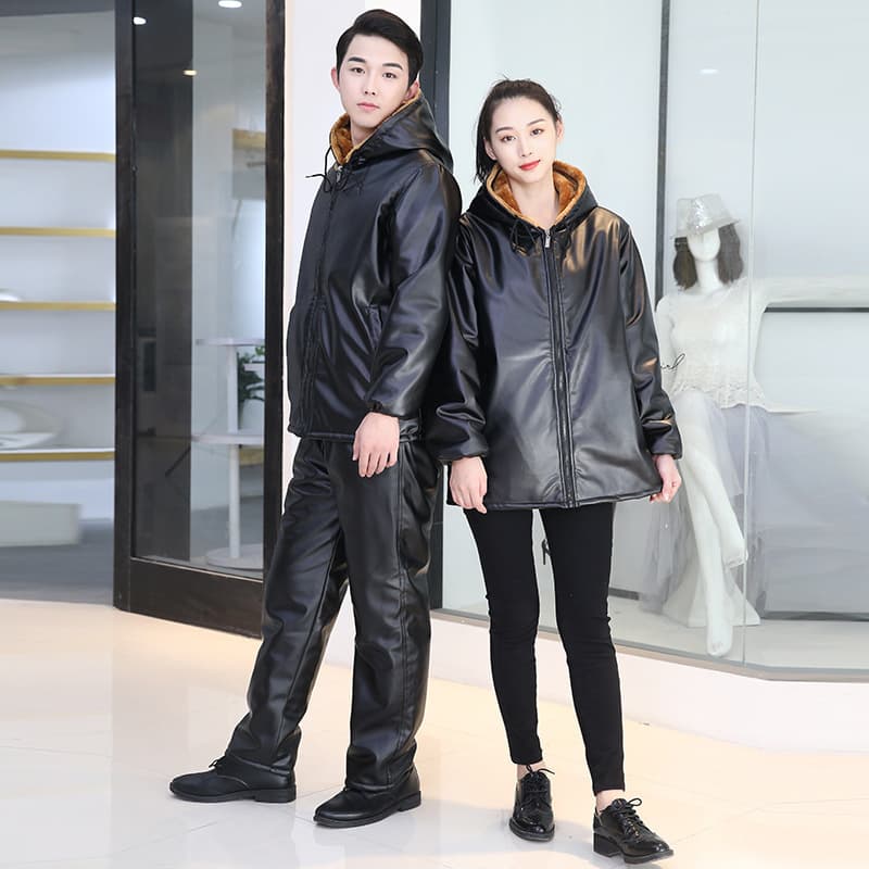 Men's Leather Jacket and Pants Set, Fleece Lined Thickened Loose Windproof Warm Cotton Jacket and Pants, Labor Protection Workwear
