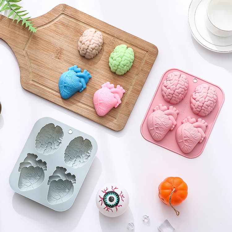 In Stock: 4-Piece Brain and Heart Shaped Silicone Mold for Halloween Cake, Handmade Soap, Chocolate, and Baking