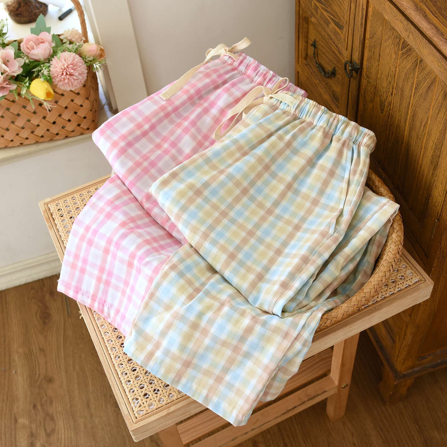 Cotton Double-Layer Gauze Pajama Pants for Women, Pure Cotton Plaid Home Pants, Spring and Summer Thin Casual Loose Long Pants