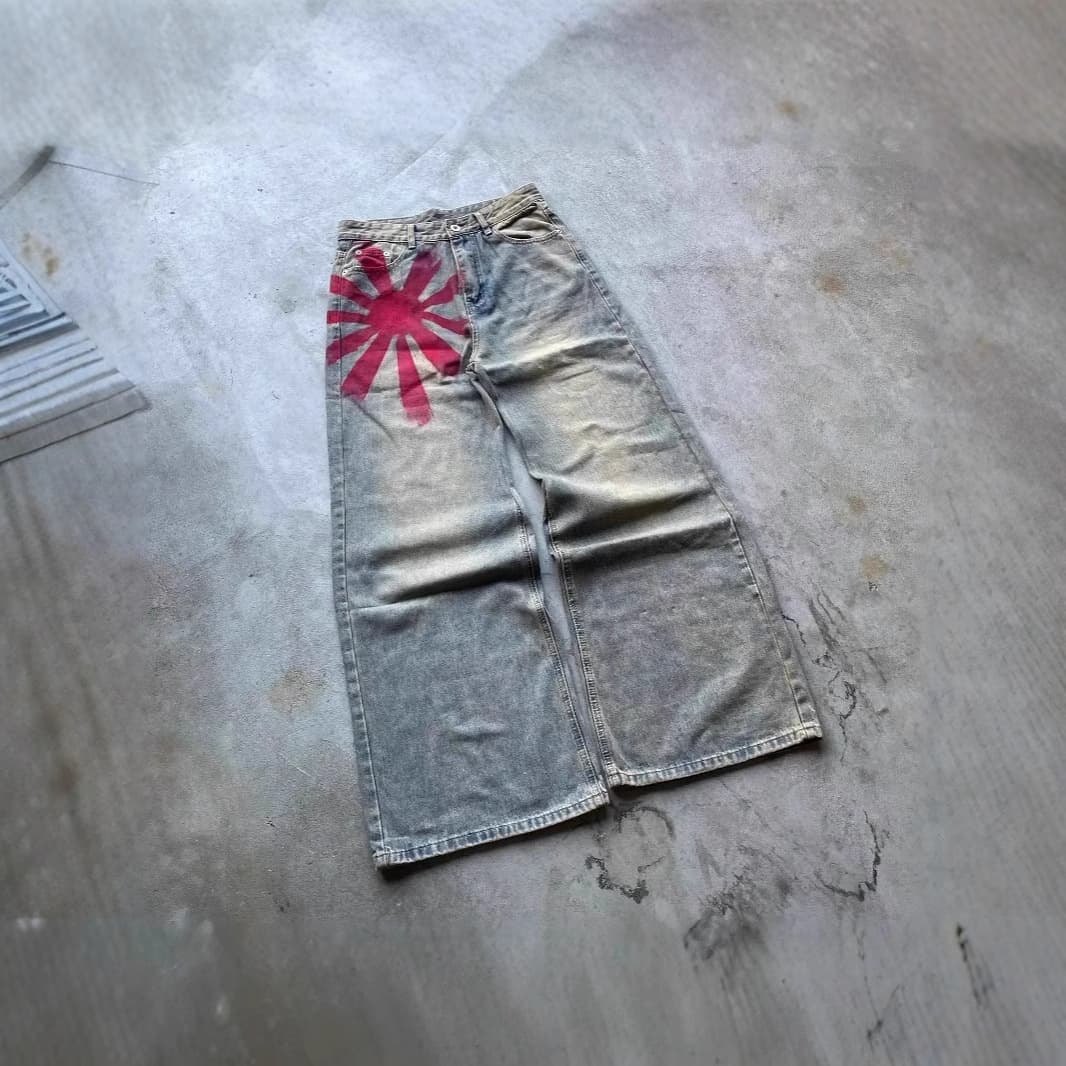 American Retro Washed Distressed Unique Design Print High-Street Vibe Wide-Leg Floor-Length Denim Pants for Men