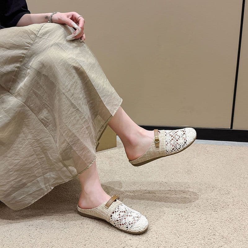 Versatile Retro Lazy Non-Slip Half-Slippers for Women 2025 Summer New Hollow Flat Closed-Toe Slippers for Women for Outdoor Wear