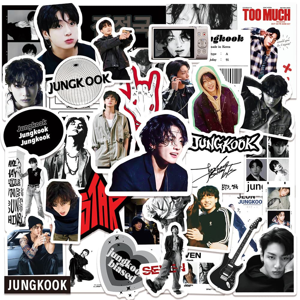 50 pieces of Jungkook stickers ins style black and white labels notebook scooter water cup waterproof decorative hand ledger stickers