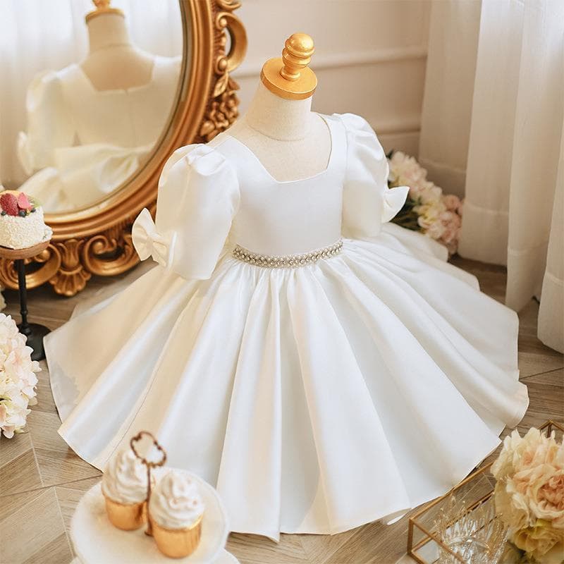 Children's dress birthday one-year-old princess dress white satin fashionable baby girl host performance dress