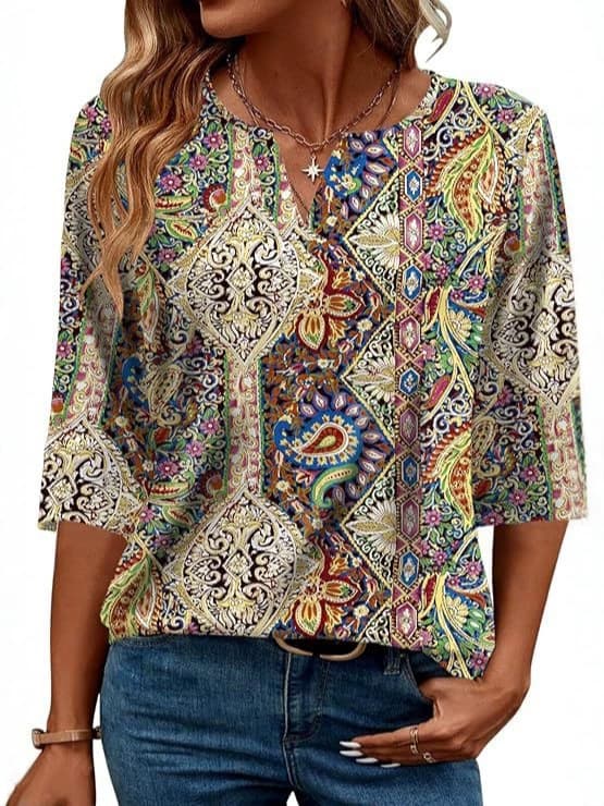 Cross-border Amazon Y2 Digital Print Women's 3/4 Sleeve V-Neck Fashion Top V-Neck Drop Shipping 3D Print