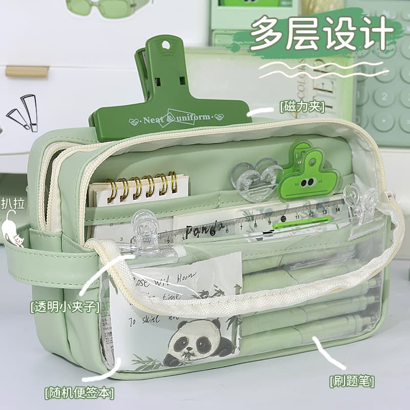 Clear Three-Layer Handheld Pencil Case, Morandi Style for Girls, Junior High School Student Pencil Bag