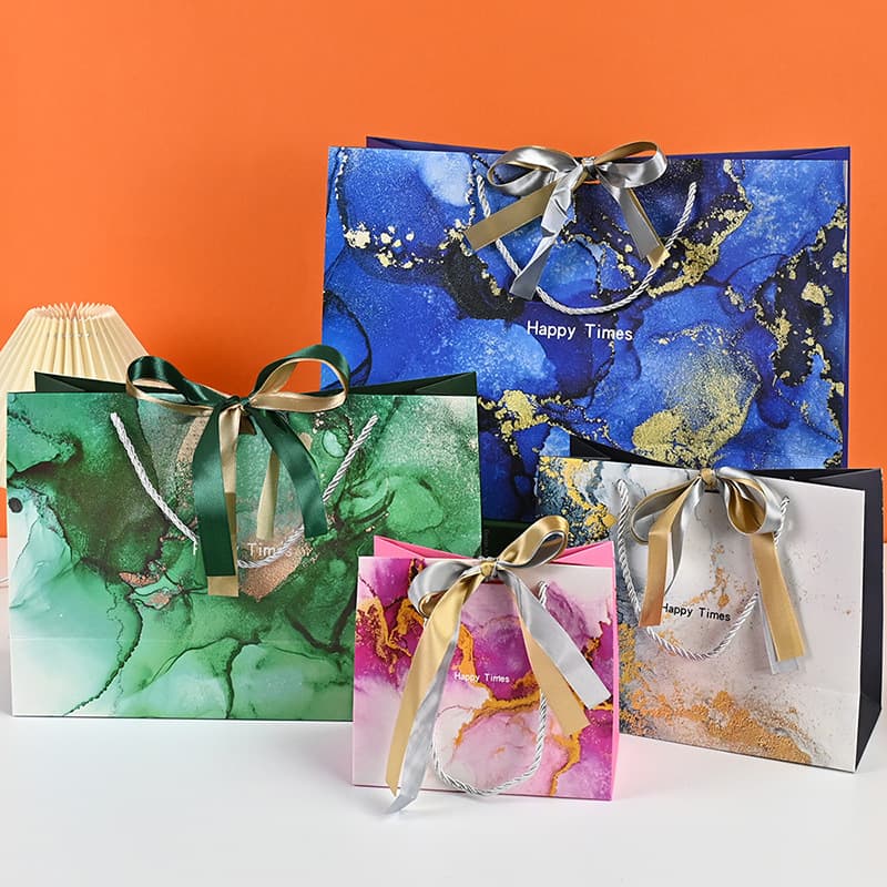 New Marble Pattern Gift Bag Fashion Tote Shopping Bag with Ribbon Packaging Stock Paper Bag Custom Logo