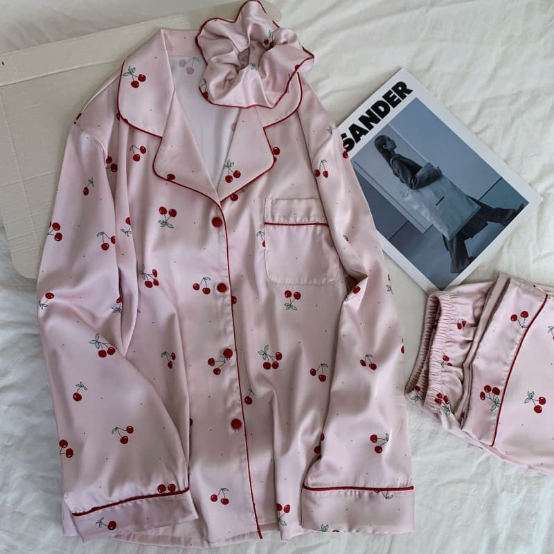 【Bailu Same Style】New Cherry Pajamas Women Cute Youth Long Sleeve Long Pants Ice Silk Pajamas Homewear