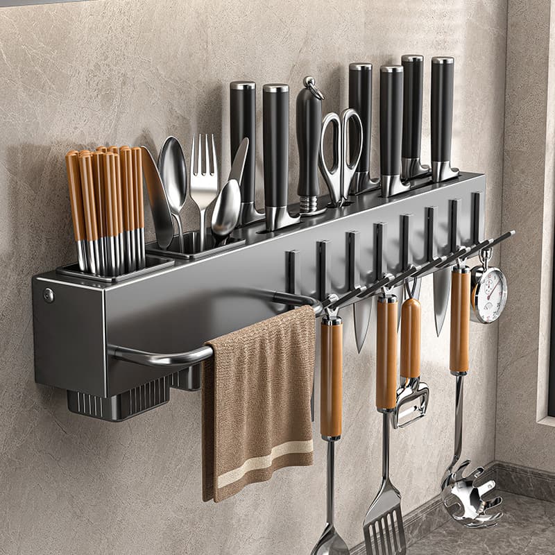 Factory Supply No-drill Thickened Multi-functional Kitchen Knife Stand with Integrated Chopstick Container and Knife Holder Wall-mounted Storage Rack