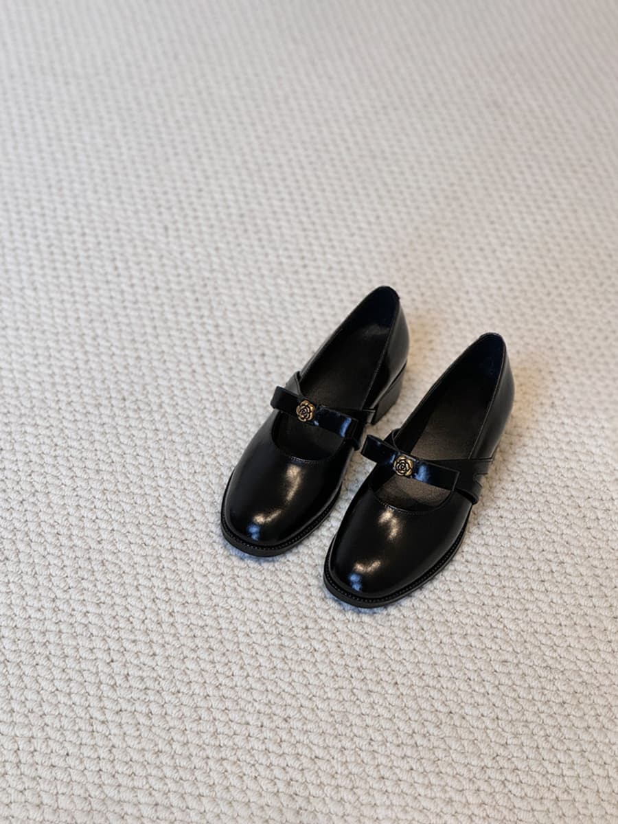 Sheepskin Edition~ Retro Camellia Block Heel Mary Jane Shoes Bow Elegant French Shallow Cut Round Toe High Heel Pumps