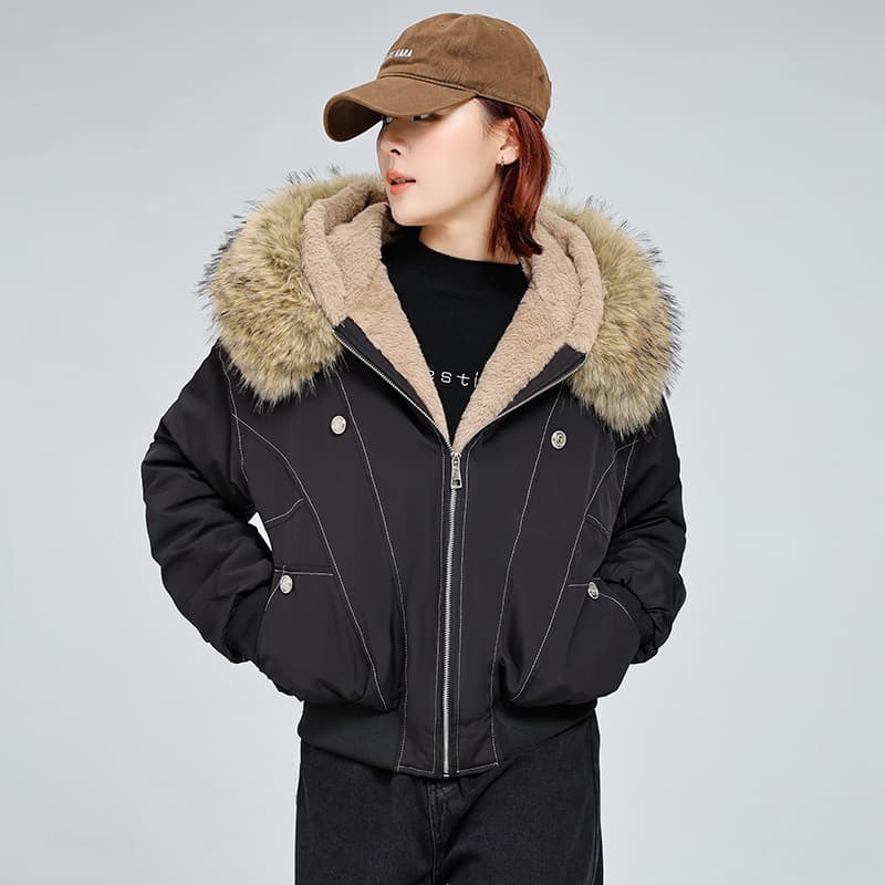 Export Style European Site 2025 Winter New Hooded Large Fur Collar Cotton Jacket Fashion Versatile Cotton Coat Women's