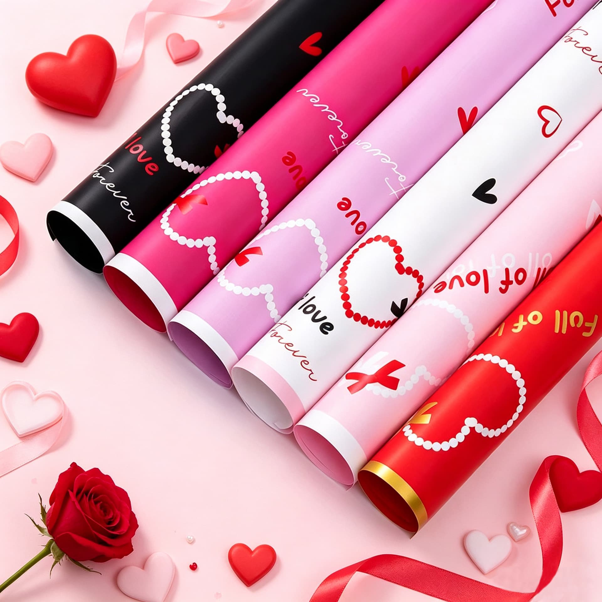 Fresh Flower Bouquet Wrapping Paper Gift Wrap Floral DIY Material Love Heart Border Holiday Bow Packaging Paper