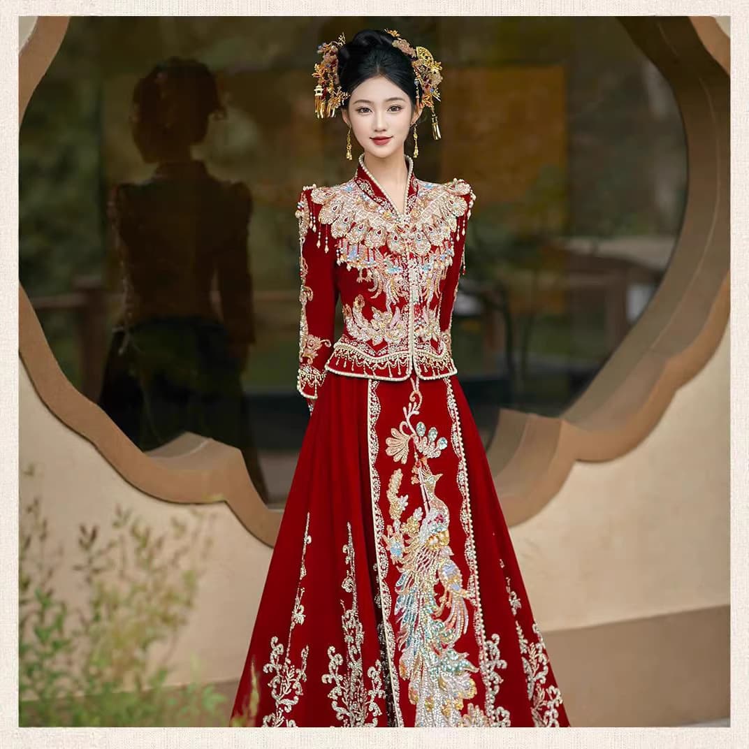 Velvet Xiuhe Wedding Dress 2025 New Style Bride Wedding Gown Heavy Craft Slim Fit Reception Dress Outing Xiuhe