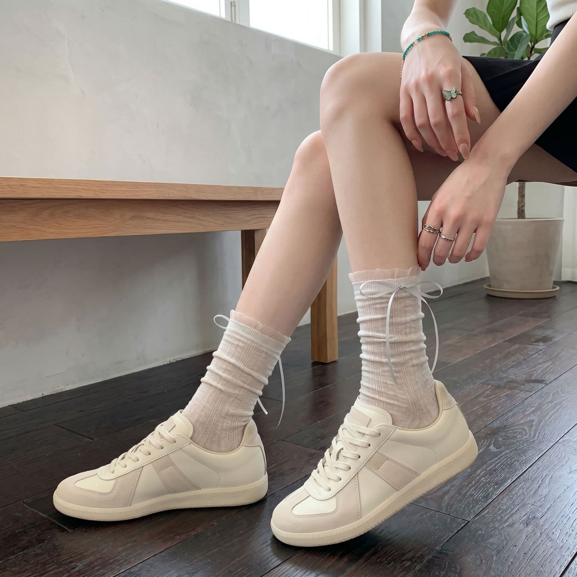Spring/Summer White Knee-High Socks with Bow Ballet Style, Stacked Socks with Hollow Pattern, Breathable and Lightweight, Youthful Design