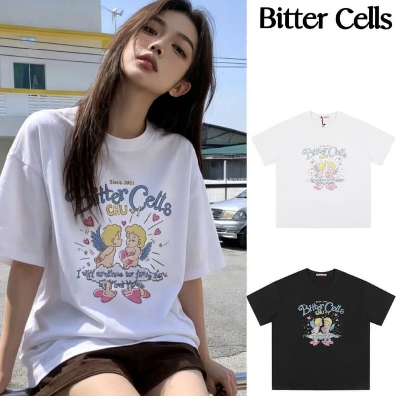 Korean trendy brand Bitter Cells Cupid Angel Cartoon Letter Print Crew Neck Short Sleeve Loose T-Shirt for Women