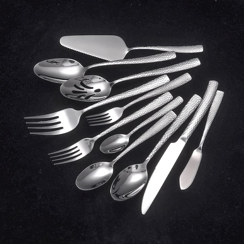 Spoon Cross-border Stainless Steel Cutlery Hammered Square Handle Knife Fork Dessert Spoon Creative Hotel Full Set Western Steak Knife and Fork