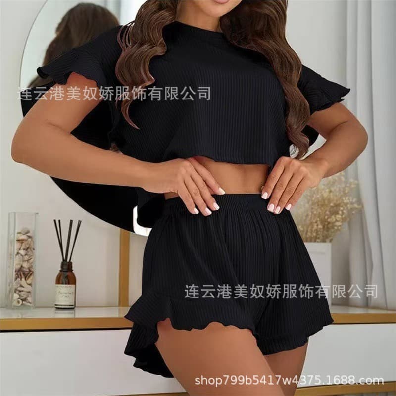 2026 European American Hot Selling Ribbed Fabric Ruffle Wide Strap Crop Top Short Sleeve Shorts Casual Sports Loungewear Pajamas