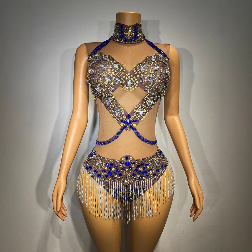Cross-border New European and American Glamorous Rhinestone Fringe Bodysuit Nightclub High-end Performance Jumpsuit