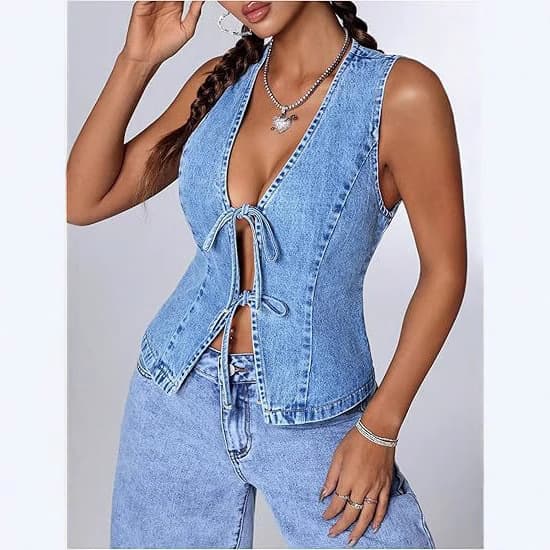 2026 New Cross-Border Fashion European and American Slim Fit Washed Denim Lace-Up Women's Vest Top
