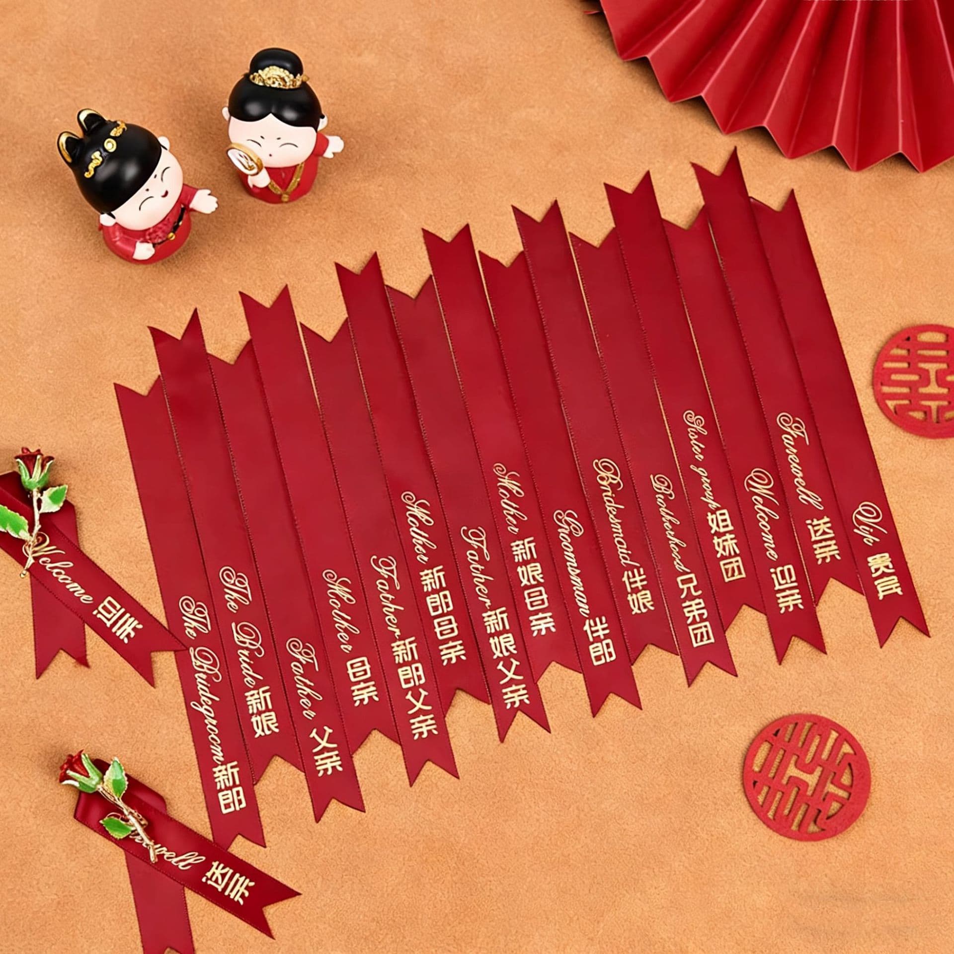 Wedding Corsage Ribbon Name Tags Set Complete for Groom Bride Father Mother Greeting Titles