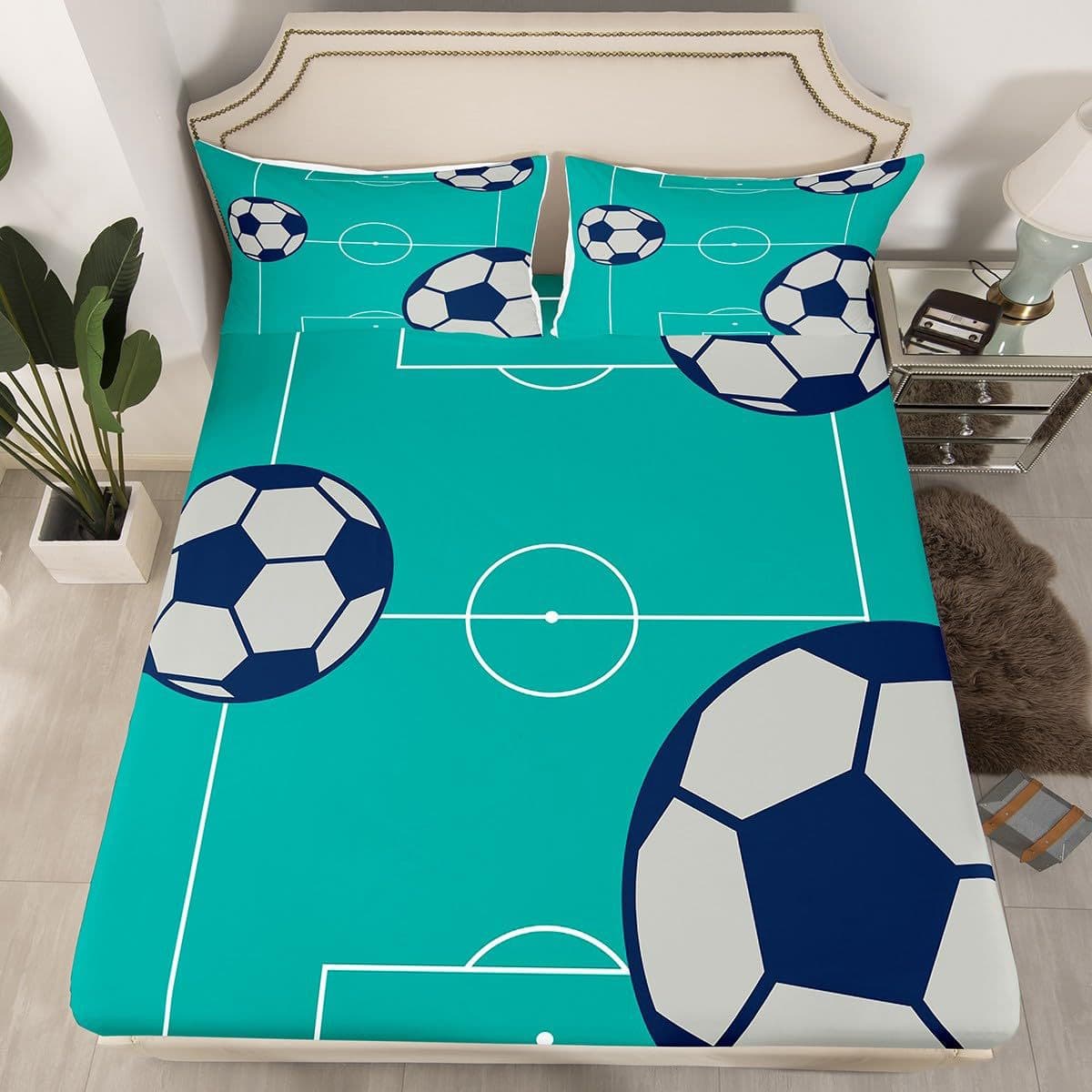 Cross-Border Fitted Sheet 3-Piece Set Sports Theme Football Pattern Blue-Green Fitted Sheet Bedding Set for Adults and Children